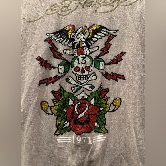 Ed Hardy Y2K vintage tee skull rose red green gold grey casual short sleeve Med - Picture 3 of 9